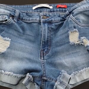 Celebrity Pink Blue Distressed Jean Shorts Frayed Hem